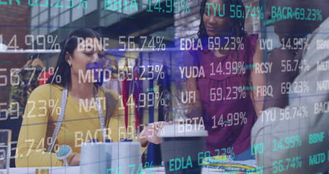 Diverse Fashion Designers Collaborating Amid Financial Data Animation