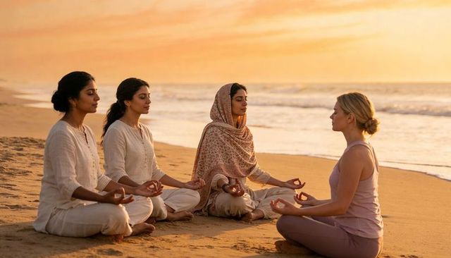 Sunset beach meditation circle south asian and caucasian women practicing yoga