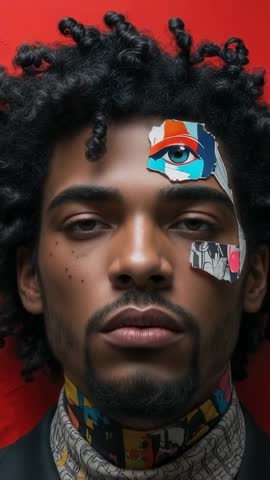 Vertical fashion portrait showing collage pieces on model face wearing turtleneck against red