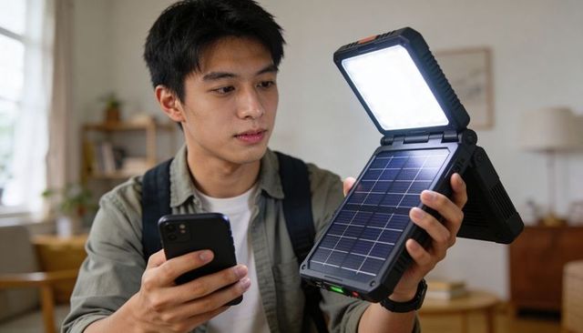 Young man inspecting foldable solar power bank with led light and smartphone at home