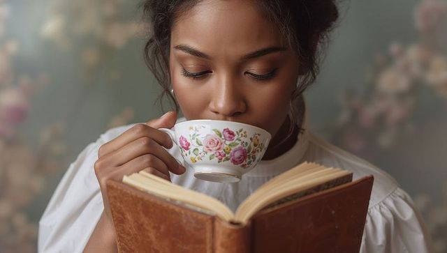 Elegant Woman Enjoying Tea and Literature in Vintage Setting