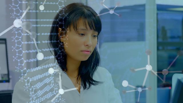 Asian researcher in a lab analyzing DNA and molecular structures. Useful for illustrating scientific research, biotechnology, genetics, healthcare advancements, and laboratory experiments. Can be used in educational materials, scientific journals, and promotional content for research facilities or medical innovations.