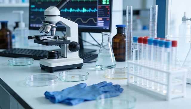 Desktop laboratory microscope on benchtop with petri dishes, test tubes, racks and monitor