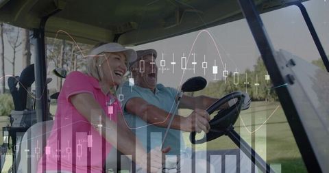 Happy Couple Enjoying Golf Cart Ride with Financial Chart Overlay
