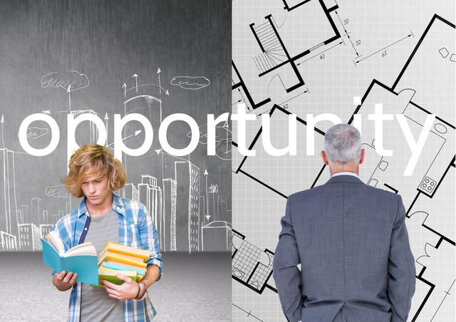 Multiple image of teenage student reading book and businessman looking at blueprint 
