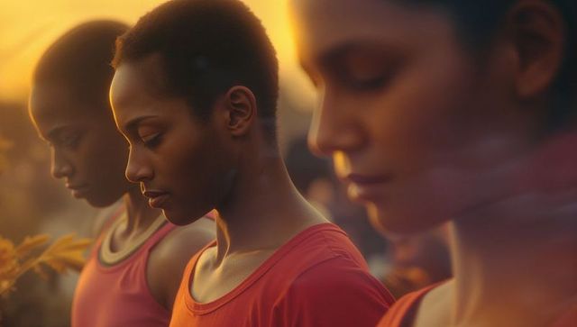 Trio of Women Reflection at Sunrise in Athletic Natural Setting