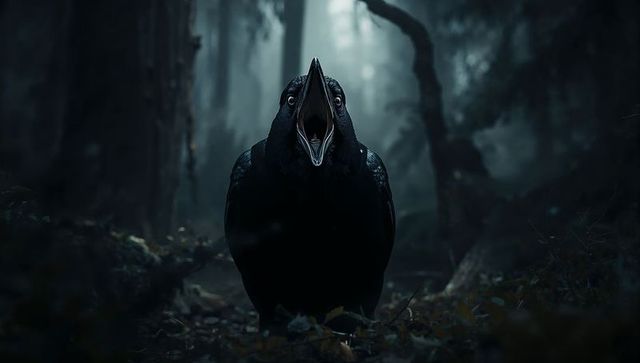 Cawing Raven on Misty Forest Floor in Mysterious Wilderness