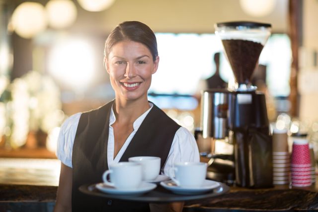 Portrait of waitress holding a tray with coffee cups in restaurant