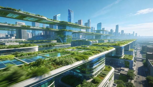 Futuristic terraced green-roof cityscape with solar skybridges and rooftop gardens