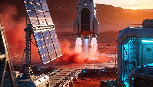 Mars colony lander descending at sunset, kicking red dust near solar arrays