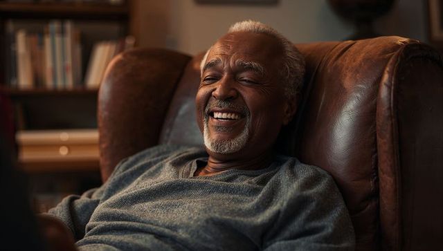 Senior man smiling and reclining in brown leather armchair at home with warm cozy lighting