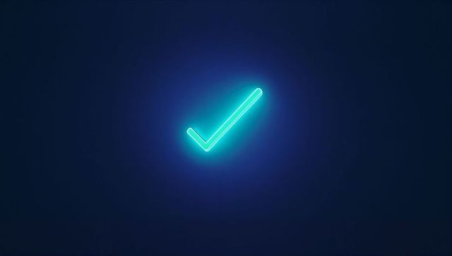 Blue neon check mark on dark background signifying success