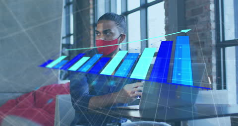 Businessman with Mask Surveys Rising Bar Graph for Data Analysis