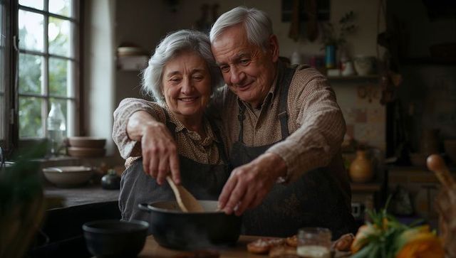 Senior couple cooking together in cozy rustic kitchen stirring pot sharing wooden spoon