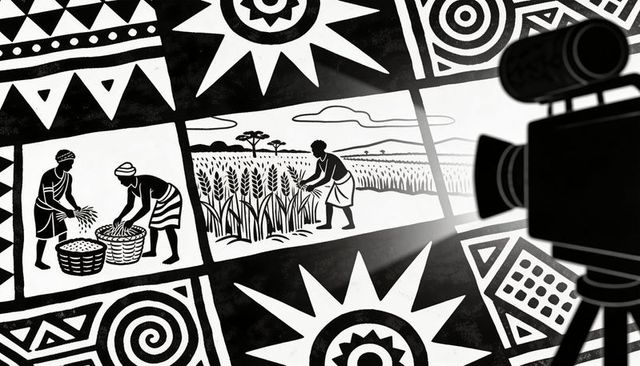Monochrome stencil storyboard showing farmers harvesting wheat being filmed by camera