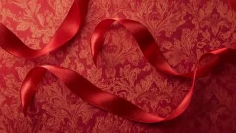 Shimmering red satin ribbon curling over red damask fabric in slow motion loop