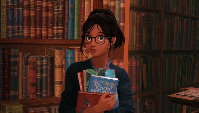 Teen student in cozy library holding hardback books studying with glasses and warm lamp light