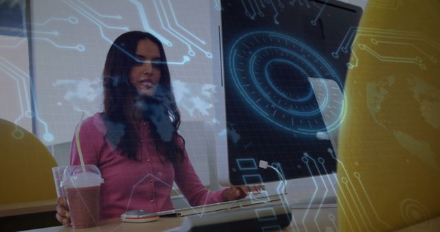 Businesswoman in Modern Office with Futuristic Interface Display - Download Free Stock Photos Pikwizard.com