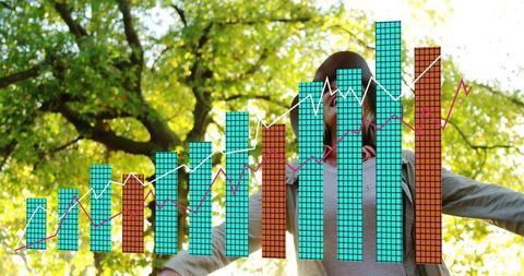 Woman in sunlit park with overlaid growth charts blending nature and business analytics