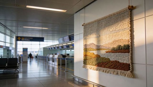 Hanging woven landscape tapestry brightening modern airport concourse wall with texture