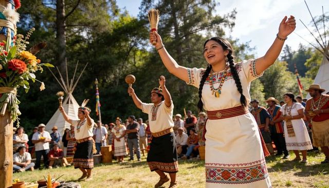 Leading native woman raising dried grasses, dancing in meadow during ceremonial gathering