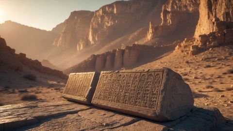 Ancient hieroglyphs in desert canyon at sunlight, ten commandments concept