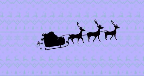 Santa Sleigh Silhouette Against Christmas Pattern Background