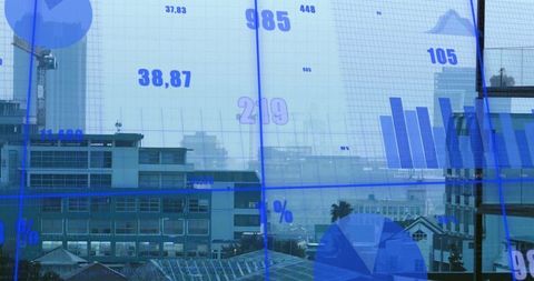 Digital charts overlaid on office glass with urban skyline backdrop