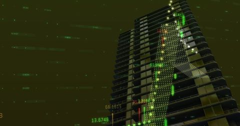 Image shows futuristic graphics and financial data overlaying a modern skyscraper. Represents connection between technology and urban development. Useful for illustrating discussions on global business, financial markets, data analytics and digital innovation.