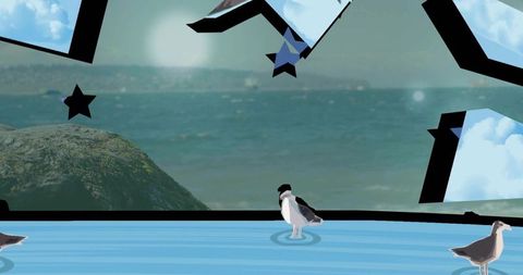 Black-capped gull wading in blue pool ripples with geometric cutout seascape frame