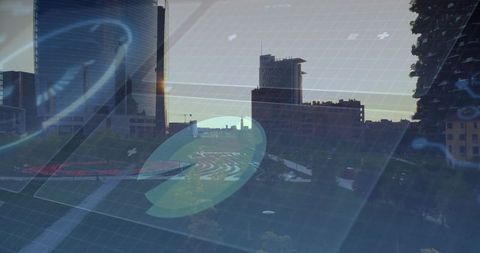 Futuristic holographic data over urban skyline at dusk