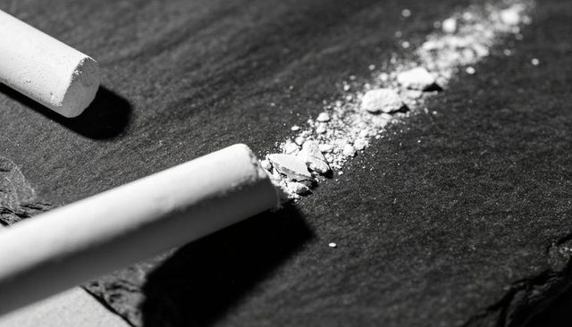 White chalk sticks breaking on dark slate surface with powder trail monochrome macro