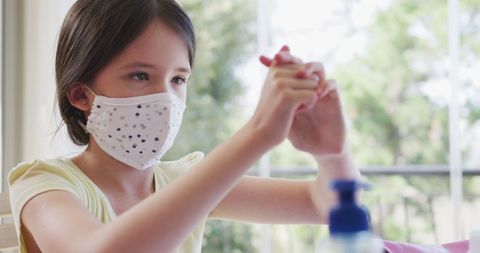 Young Girl Sanitizing Hands with Mask Indoors During Pandemic - Download Free Stock Images Pikwizard.com