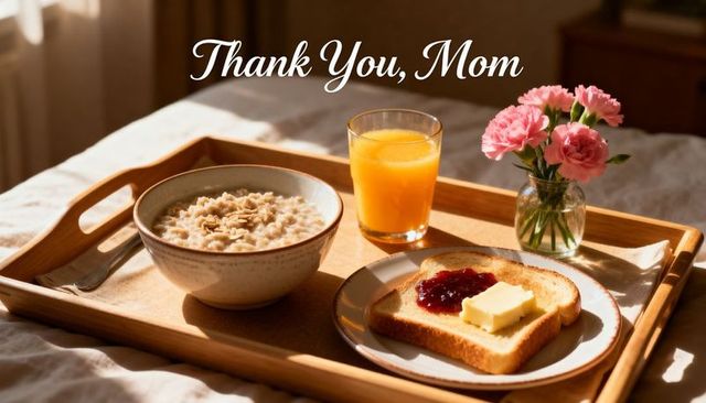 Sunlit mother's day breakfast tray with oatmeal, toast, orange juice and pink carnations