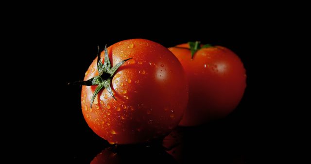 Fresh tomatoes with water droplets are highlighted against a dark background, with copy space - Download Free Stock Photos Pikwizard.com