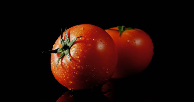 Juicy fresh tomatoes with water droplets against a glossy black background. Perfect for culinary projects, healthy eating promotions, farm-to-table marketing materials, and as vibrant elements in food blogs, articles, and advertisements. The vibrant color contrasts beautifully with the deep black, emphasizing the freshness and quality of the produce.