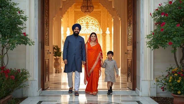 Walking family in sari and turban through ornate marble archway under chandelier
