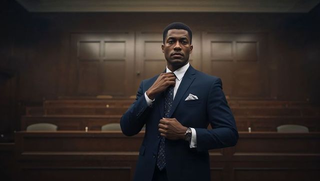 Confident attorney adjusting tie in wood-paneled courtroom wearing navy suit and watch