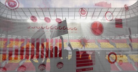 Silhouette of Fans with COVID-19 Data Overlay in Stadium Backdrop