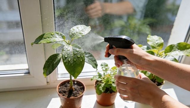 Misting houseplants with spray bottle on sunny windowsill, hands caring for potted leaves