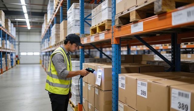 Warehouse worker scanning barcoded boxes with handheld scanner in busy distribution center
