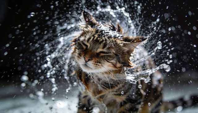 Tabby cat shaking off water, droplets flying in dramatic high-contrast rimlight