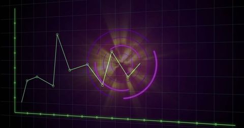 Neon Data Dashboard with HUD and Green Trend Line on Dark Purple Grid, Futuristic Interface