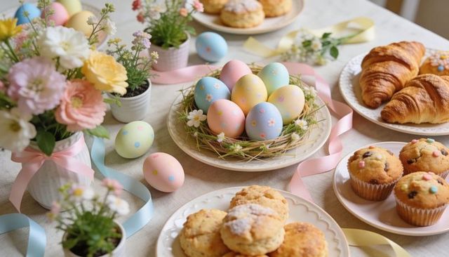 Spring Pastel Easter Brunch Featuring Decorated Egg Nest, Flowers and Pastries