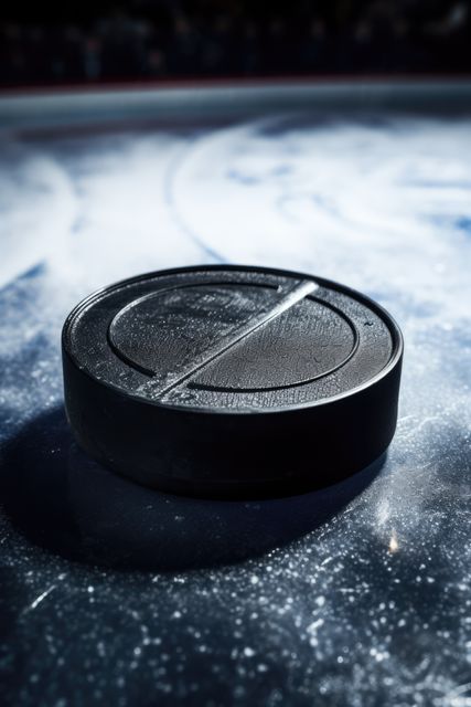 A close-up of a hockey puck on ice, highlighting the texture. Captured in a cold, dimly lit setting, the puck symbolizes the essence of the sport.