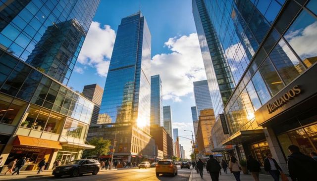 Sunlit glass tower reflecting golden light over busy downtown avenue with taxi