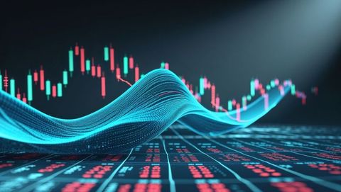 Futuristic digital wave flowing over financial data visualization