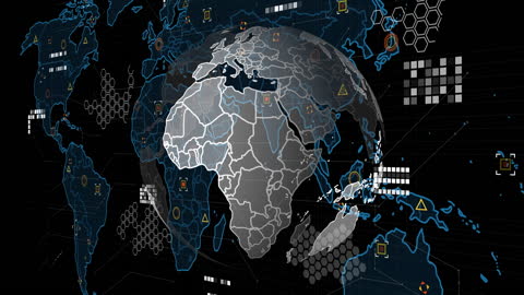 Digital World Map with Data Processing Elements on Black Background