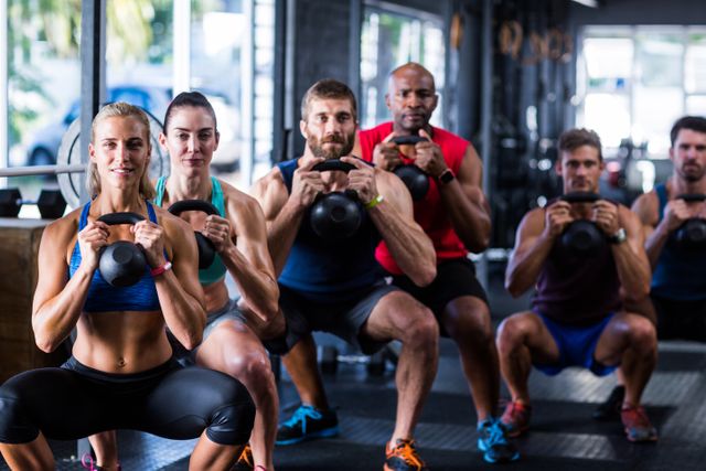 Portrait of people holding kettlebells while crouching in gym