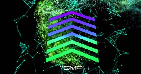 Futuristic digital speed graphics with neon arrows and network connections